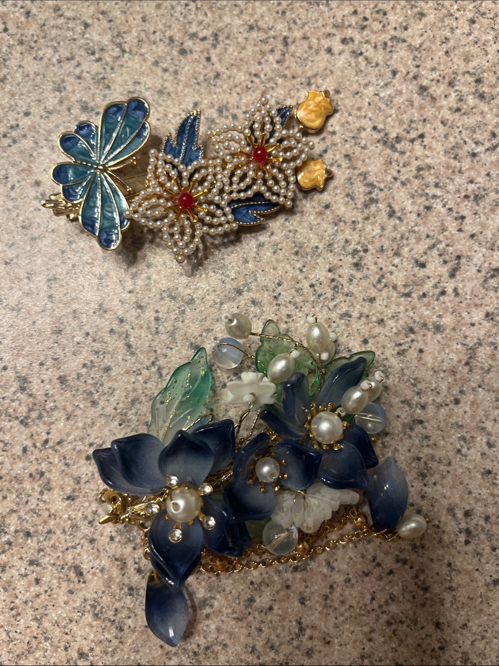 Blue & Gold Floral Brooch Set of 2 with Chain Detail